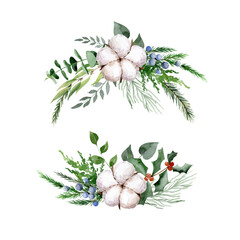 Watercolor Christmas set with floral compositions in minimalistic Scandinavian style. Hand drawn clipart with eucalyptus, cotton flower, juniper branches for greeting cards, invitations, scrapbooking.