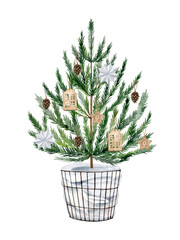 Watercolor Christmas tree in black wire basket and decorated by organic wooden decorations, cones and paper stars. Holiday clipart in boho style for invitations, greeting cards. Scandinavian style.