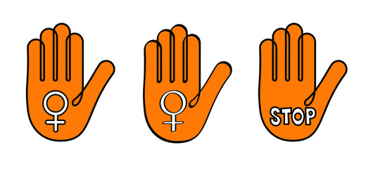 Obraz premium Orange the world. International day for the elimination of violence against women ans girls. Cartoon line drawing hands of stop hand gesture. Hand palm icon or symbol. Vector campaign logo.
