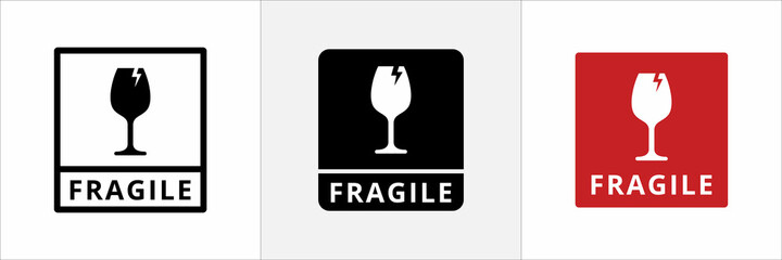 Fragile symbol icon set. Fragile sign for sticker and cardboard box packaging label.