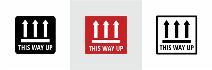 This way up symbol icon set. This way up sign for sticker and cardboard box packaging label. Up side stacking order sign.