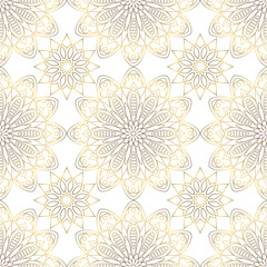 Fototapeta premium Golden mandala ornament in vintage style on a white background. Seamless pattern.