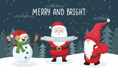 Christmas card with cute smiling characters in a snowy forest. Santa, snowman and elf with gifts wish Merry Christmas. Color vector illustration with flat cartoon characters on a dark background.