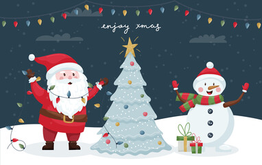 Christmas card with cute Santa with a garland and a snowman with gifts decorating the Christmas tree. Enjoy Xmas. Color vector illustration with flat cartoon characters on a dark background.