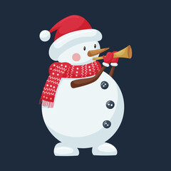 A cute snowman in a hat and a patterned scarf is blowing a pipe. A Christmas cartoon character in a flat style is isolated on a dark. Color vector illustration.