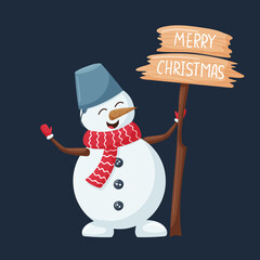 A cute snowman with a bucket on his head holds a wooden sign with the words Merry Christmas. A Christmas cartoon character in a flat style is isolated on dark. Color vector illustration.