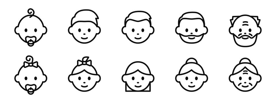Icons of people of different ages, from infant to elderly, male and female. Life cycle from birth to old age. Baby, child, young, adult and old. Vector.