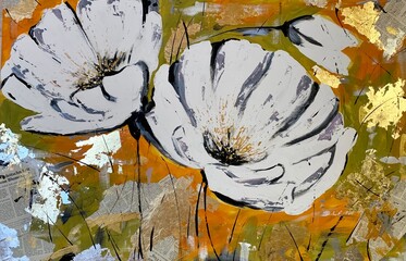 Oil painting on canvas. white large poppies, white flowers on an orange background. Colorful acrylic interior painting. Drawing and painting lessons