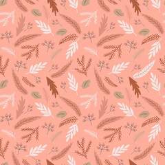 Fototapeta premium Pink Christmas floral pattern. Christmas botanical fir tree branches, hand drawn leaves. Pink winter holiday floral graphic design. Fabric, wallpaper, print, background, texture. Vector illustration.