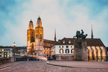 panorama of Zurich city center with Frau Munster and Grossmunster