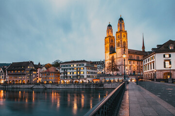 panorama of Zurich city center with Frau Munster and Grossmunster