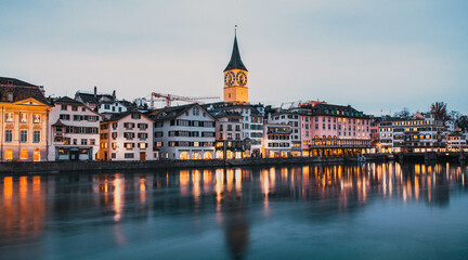 Naklejka na ściany i meble panorama of Zurich city center with Frau Munster and Grossmunster
