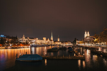 panorama of Zurich city center with Frau Munster and Grossmunster