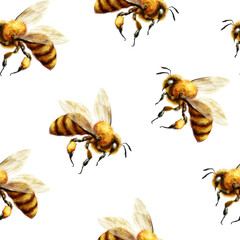 Cute seamless pattern with flying bees. Digital art illustration
