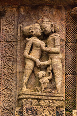 Temple platform of Jagamohana carved with  erotic couples, young women flaunting their beauty in poses, nagas, vyalas, soldiers, elephants, court scenes Sun Temple Konark, Odisha, India.