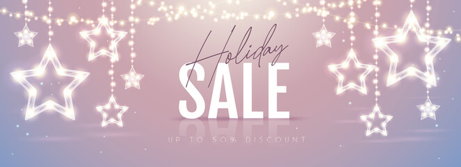 Christmas holiday sale banner with modern glowing star lamps on silver background