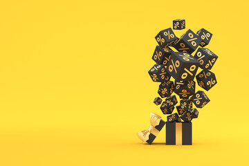 Open gift box and cubes with the image of percent on a yellow background. 3d render illustration.