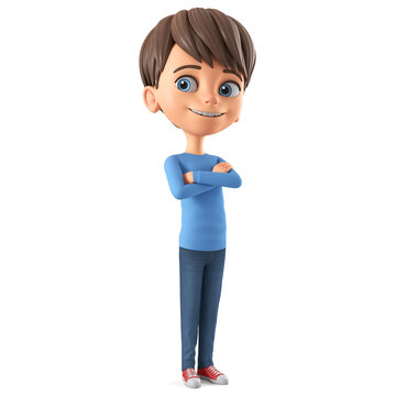 Cartoon character boy in a blue sweater crossed his arms over his chest. 3d render illustration.