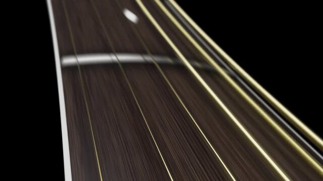 An animation flying down the neck of a wavey shaped dark wooden guitar neck fretboard and strings
