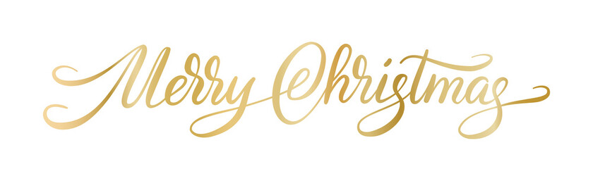 Merry Christmas hand written text. Golden Merry Christmas letters isolated on white. Winter season typography. Elegant vector calligraphy for holiday cards, party posters, headers, gift tags, overlays