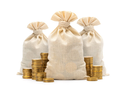 Three bags of money with stacks of gold coins isolated on white background. Template mock-up