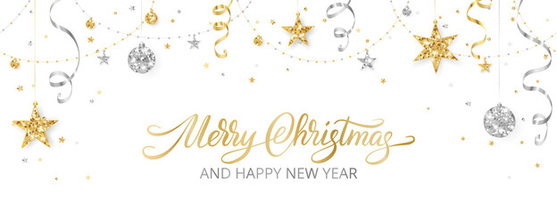 Obraz premium Christmas banner. Gold and silver glitter decoration. Hand written Merry Christmas text. Holiday border, frame. Festive vector background. Garland with stars. For New Year cards, headers, party flyers