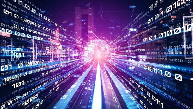 Digital data flow on road in concept of cyber global communication and coding with graphic creating vision of fast speed transfer to show agile digital transformation , disruptive innovation .