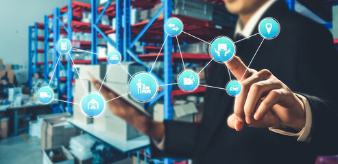 Smart warehouse management system with innovative internet of things technology to identify package picking and delivery . Future concept of supply chain and logistic network business .