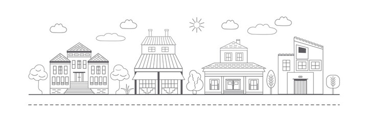 Obraz premium City street with modern houses, villas and a church. Monochrome cityscape with residential houses and shops. Solar panels and attics on the roofs of buildings. Sky with clouds and sun.