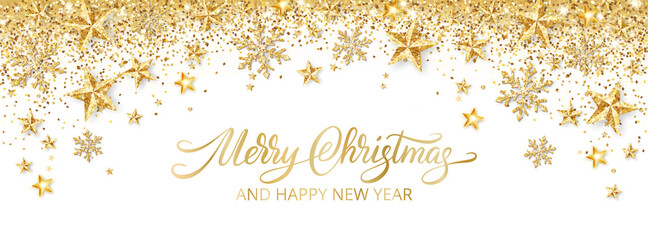Obraz na płótnie Canvas Holiday golden decoration. Falling glitter dust, stars and snowflakes. Hand written Merry Christmas text. Christmas border. Festive vector background. For New Year headers, banners, party posters.