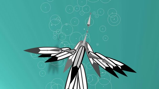 3d animation, an robotic bird or a stork flying above the ocean
