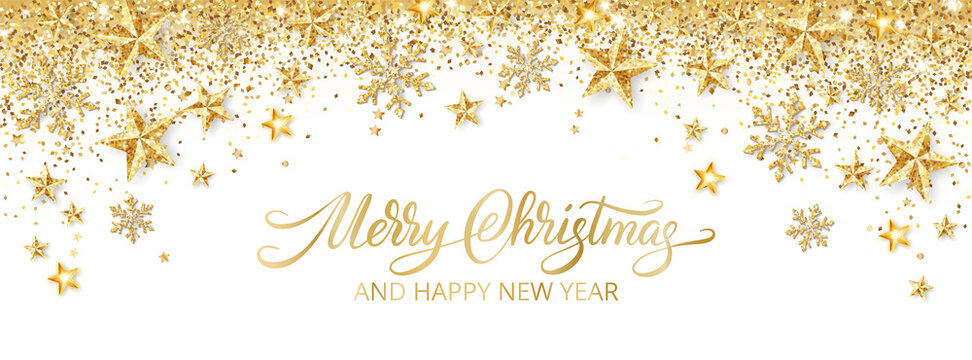 Holiday golden decoration. Falling glitter dust, stars and snowflakes. Hand written Merry Christmas text. Christmas border. Festive vector background. For New Year headers, banners, party posters.
