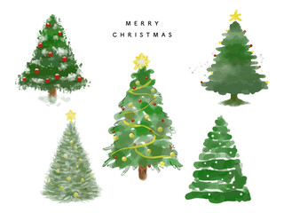 Various watercolor Christmas trees.