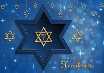 Happy Hanukkah card with nice and creative symbols and gold paper cut style on color background for Hanukkah Jewish holiday (translation : happy Hanukkah day, Hag HaHanukka)