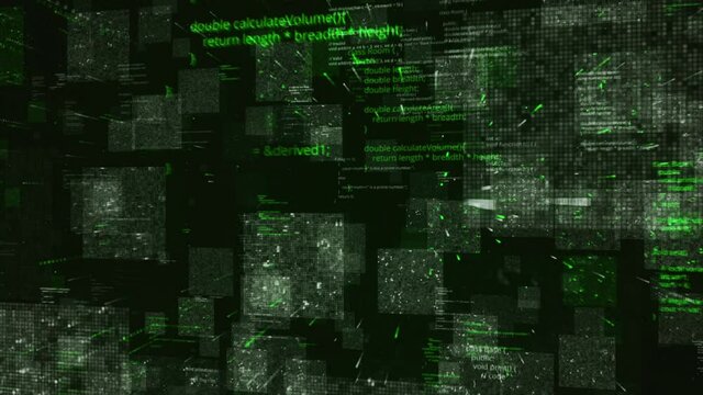 Programming code abstract technology background, seamless loop. Animation. Digital code lines on a black background.