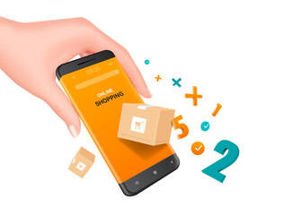 female hand holding a smartphone and there is a parcel box and the number of orders floating from the smartphone screen for delivery and online shopping concept,vector 3d isolated on white background