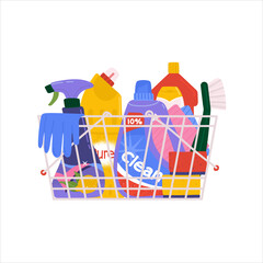 Household chemicals basket illustration. Washing bathroom stuff like sprayer, sponge, gloves, brush, bleach, bottle. Cleaning service equipment concept. Shopping to keep house clean isolated vector.