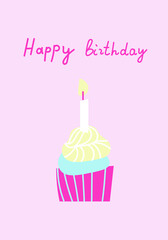 Vector birthday card hand drawn in delicate colors. Simple, bright, birthday poster in doodle style. Designs for prints, stickers, social media, printing, web, invitations.