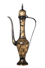 Fototapeta na wymiar Antique oriental metal black jug with gold patterns