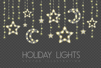Vector garlang with gold or yellow lamps on transparent background. Glowing star shape. Holiday string of lights vector illustration