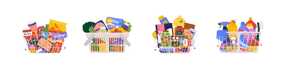 Foodstuff from different supermarket sections like cleaning products, fruits and vegetables, canned goods, snacks and beverages. Shopping basket full of groceries vector illustration.  - obrazy, fototapety, plakaty