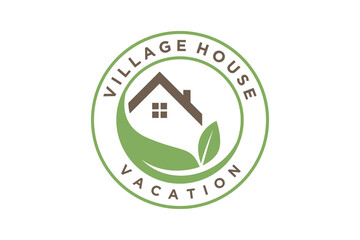 House Nature with Leaf. Cabin Village Home Vacation Rent Logo design