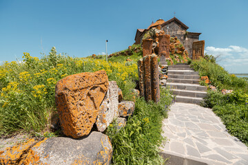 Footpath leading to the famous ancient monastery of Hayravank in Armenia with the legendary Lake...