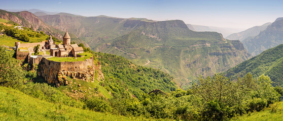 Majestic Tatev Monastery located on an inaccessible basalt rock with wonderful views of the Vorotan...