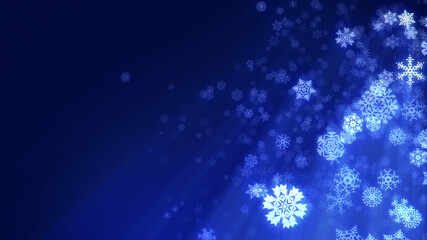 Fototapeta na wymiar Christmas snowflakes illustration. Holiday background of snow falling with copy space on the left side. Dark blue.