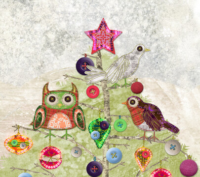 Christmas tree with birds. Also available as an animation - search for 197550740 in Videos. Illustration digitally created in a mixed-media collage style.