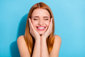 Photo portrait red haired woman wearing casual outfit smiling dreamy overjoyed isolated pastel blue...
