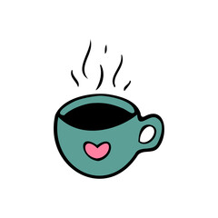 Hand drawn doodle turquoise cup of coffee or tea. Simple vector illustration of the mug with heart.