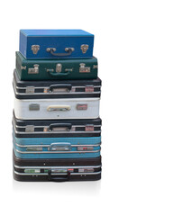 six colour travel suitcase stacked on white background, object, vintage, retro, copy space
