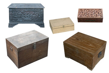 five old wooden boxes on white background, object, retro, ancient
